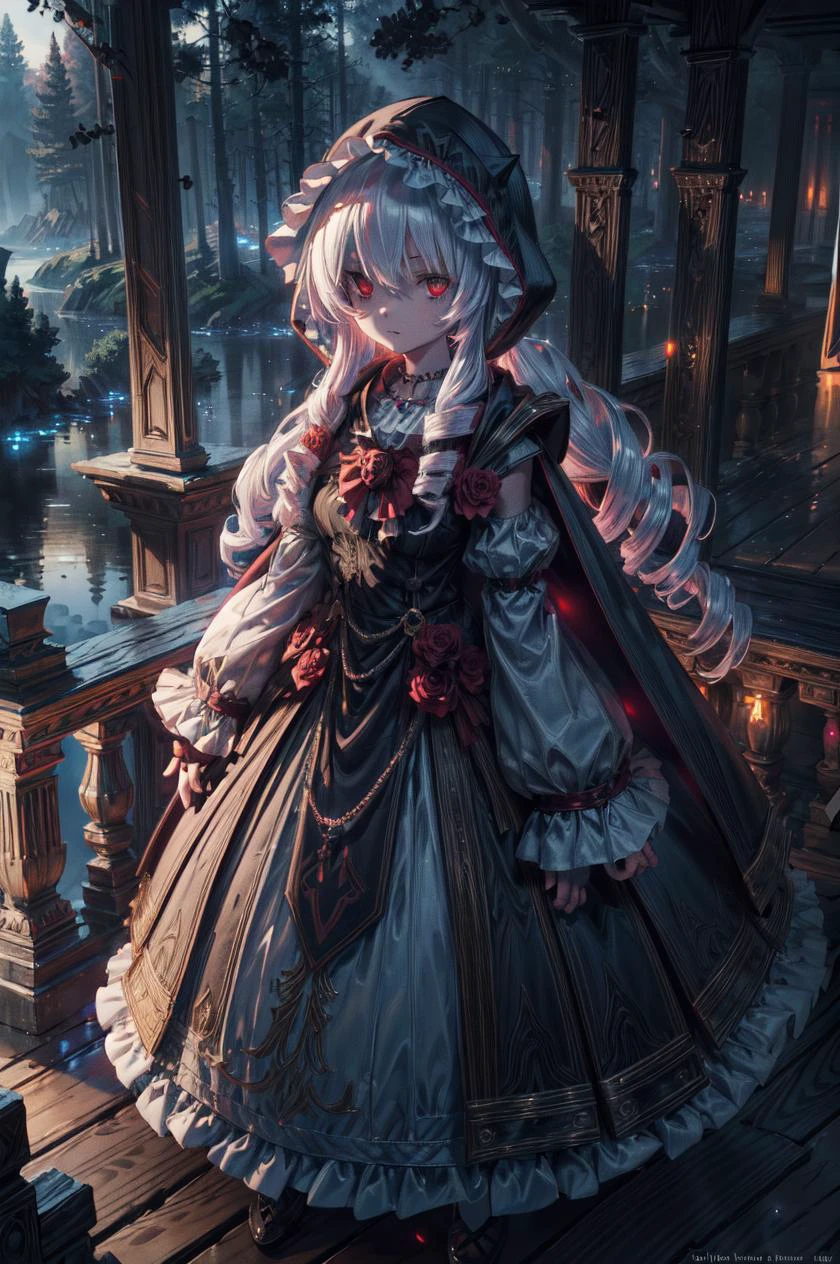 detailed illustration, of viola, pretty face, red eyes,white hair,twin drills, hood up,cape,rose,detached sleeves,dress,jewelry,necklace,frills, standing,looking at viewer,expressionless, forest,night,lake, cinematic lighting, hires, volumetric lighting, highly detailed background, masterpiece, <lora:add_detail:0.5> <lora:hairdetailer:0.5> <lora:viola-11SCVv9:0.8>,