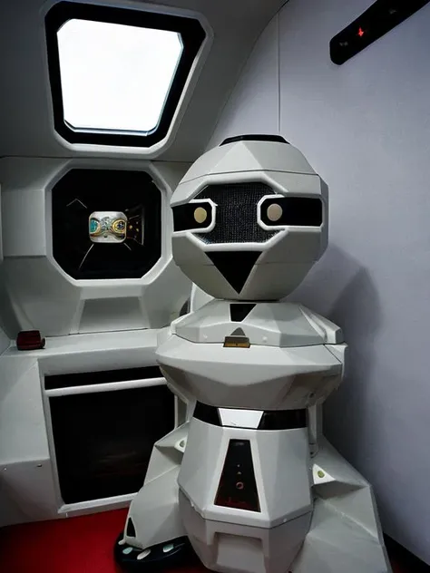 androbottopo robot at the controls of a space ship space visible through a window, detailed spacecraft interior in the background, dramatic lighting, analog photography, high quality, very sharp, professional photography  <lora:hjandrobottopo_v10:0.85>