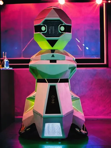 androbottopo robot, people dancing in the 80's disco in the background, professional photography, intricate detail, high quality, very sharp, <lora:hjandrobottopo_v10:0.8>