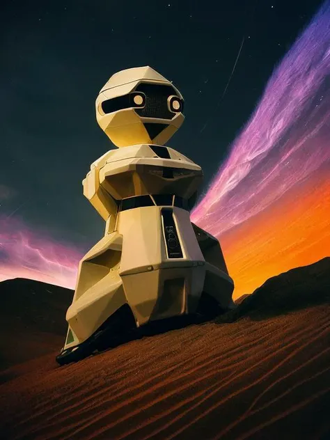 androbottopo robot once upon a time there was a land so bright on a planet far away now a planet full of light, in the sky you could see spaceships fly under seven moons and two suns they gave it day and night, dramatic lighting, analog photography, high quality, very sharp, professional photography <lora:hjandrobottopo_v10:0.85>