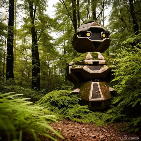 androbottopo robot overgrown by plants, covered in rust, forgotten in a creepy forest, professional photography, intricate detail, high quality, very sharp, <lora:hjandrobottopo_v10:0.7>