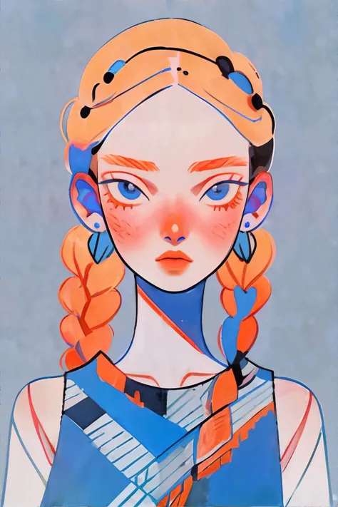 <lora:flatportraitstyle-vixon:1.00>, fl4tstyl3, portrait, african woman, ginger french braid, steel gray eyes, wearing cyan cropped tank top || <lora:flatportraitstyle-vixon:0.2>, fl4tstyl3, portrait,masterpiece, 8k, high resolution, shallow depth of field, sharp focus