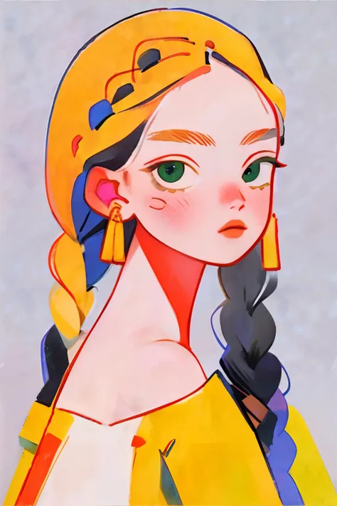 <lora:flatportraitstyle-vixon:1.00>, fl4tstyl3, portrait, inuit woman, copper crown braid, green eyes, wearing yellow one-shoulder top || <lora:flatportraitstyle-vixon:0.2>, fl4tstyl3, portrait,masterpiece, 8k, high resolution, shallow depth of field, sharp focus