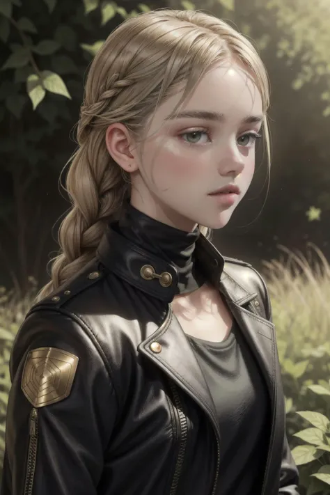 OliviaB, Young girl with fair skin and blue eyes, wearing a black leather jacket. She has brunette hair styled in two neat braids that are draped over one shoulder. The background is blurred, giving a soft, natural setting, possibly outdoors with greenery. The lighting is natural and soft, highlighting her facial features. The overall mood is calm and serene.
<lora:add_detail:0.5> <lora:polyhedron_all_eyes:0.2>