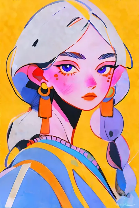 <lora:flatportraitstyle-vixon:1.00>, fl4tstyl3, portrait, romani woman, grey bob with bangs, violet eyes, wearing yellow tube top || <lora:flatportraitstyle-vixon:0.2>, fl4tstyl3, portrait,masterpiece, 8k, high resolution, shallow depth of field, sharp focus
