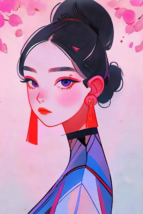 <lora:flatportraitstyle-vixon:1.00>, fl4tstyl3, portrait, east asian woman, salt and pepper chignon, violet eyes, wearing ruby mesh top || <lora:flatportraitstyle-vixon:0.2>, fl4tstyl3, portrait,masterpiece, 8k, high resolution, shallow depth of field, sharp focus