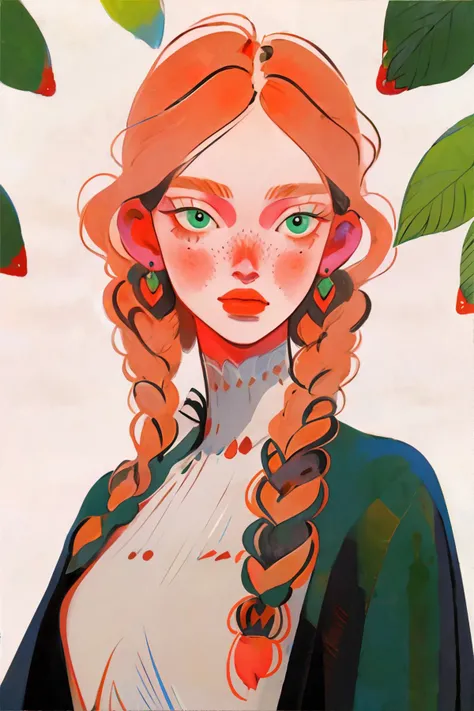 <lora:flatportraitstyle-vixon:1.00>, fl4tstyl3, portrait, ashkenazi woman, strawberry blonde feathered haircut, dark green eyes, wearing dark brown wrap cardigan || <lora:flatportraitstyle-vixon:0.2>, fl4tstyl3, portrait,masterpiece, 8k, high resolution, shallow depth of field, sharp focus
