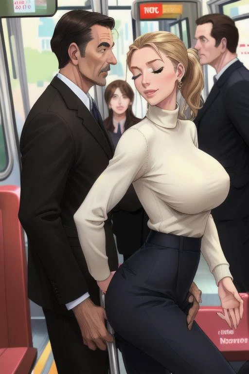half length, sideview,
standing slender girl, teasing, sardonic smile, (perfect round breasts, massive breasts:1.5), wearing sweater dress, short ponytail, pushing her round ass back against the crotch bulge of a businessman, nonchalant,
ugly businessman behind pushing his crotch bulge forward between the butt cheeks of the woman in front of him, face in hair, tan slacks, hands in pockets, o-face, (people crammed together inside a crowded streetcar:1.5), eyes closed <lora:no_bra_v20:0.3> covered_nipples