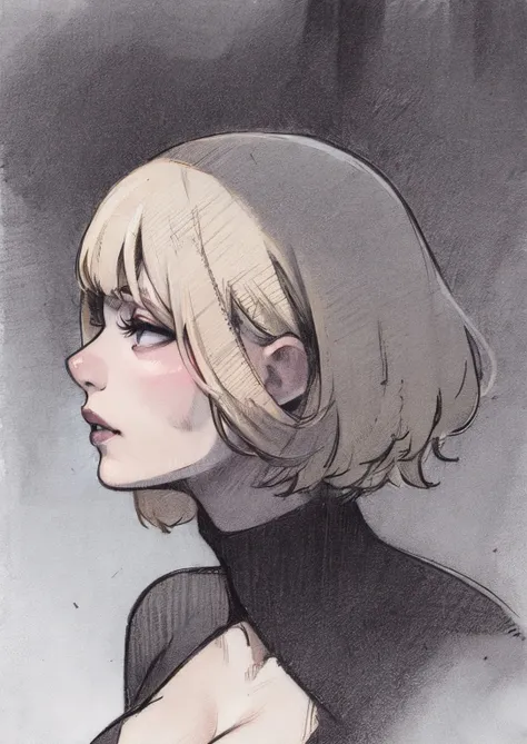 monochrome,greyscale, traditional media, sketch, graphite \(medium\), white background,
attractive blonde girl,large breasts, portrait, profile,cleavage, sensual,short hair, parted lips, skindentation,
<lora:PenSketch#photon_v1##v2.00#-000060:1>
