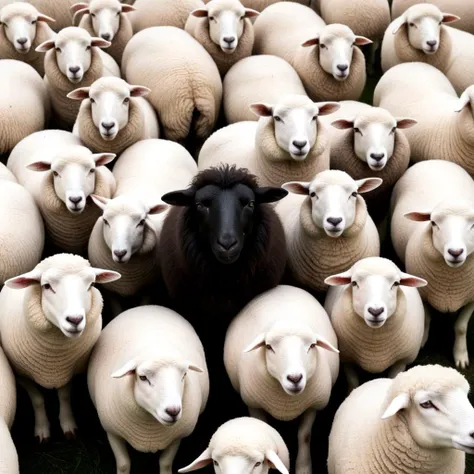 ((one black sheep)) in a horde of white sheeps