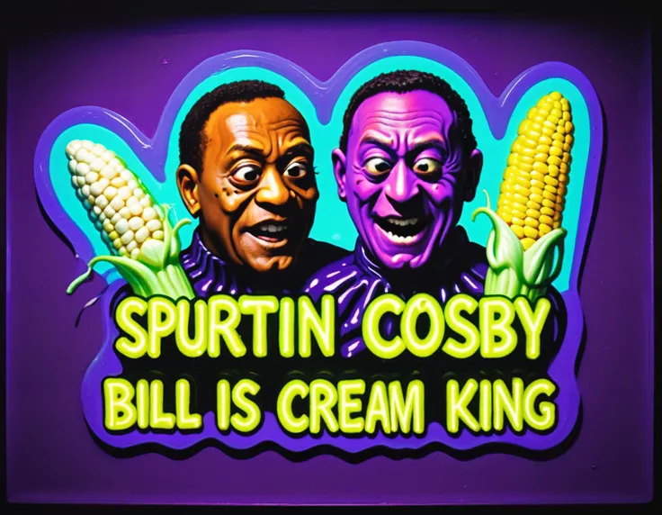 Blacklight paint Creepy kitsch, a sign that reads " SPURTIN " , creamed eggplant Bill Cosby is cream eggplant corn pus spurtin king <lora:Creepy_Kitsch:0.95>   <lora:Chris_Burke:0.55> . Fluorescent pigments, vibrant and surreal colors, ethereal glow, otherworldly effects, dynamic and psychedelic compositions, neon aesthetics, transformative in ultraviolet light, contemporary and experimental.