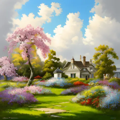 bob ross, a painting of a garden of colorful flowers, Victorian manor in background, nimbus clouds, landscape <lora:Bob_Ross:1>