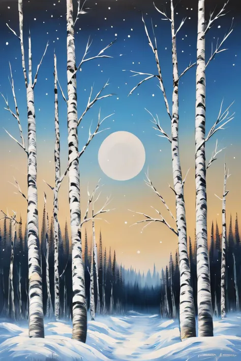 bob ross, a painting of a birch forest in the winter, distant moon, landscape <lora:Bob_Ross:1>