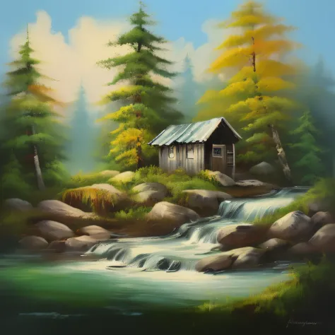 bob ross, a painting of a cabin in a forest beside a river with a waterfall, landscape <lora:Bob_Ross:1>