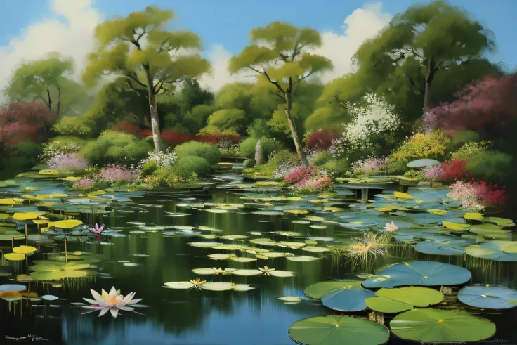 bob ross, a painting of a garden, koi pond, water lilies, landscape <lora:Bob_Ross:1>