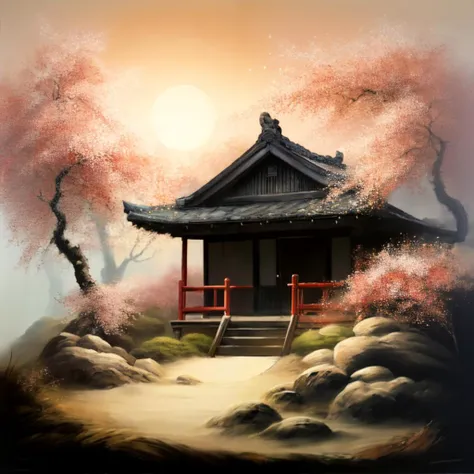 traditional japanese_house porch, sand zen garden, apple-blossoms, sunset, foggy, floating particles, rough brushstrokes, by bob ross
 <lora:Bob_Ross:1>