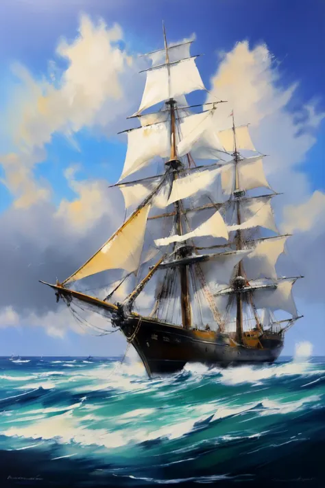 pirate ship in rough seas, galleon, sails, mast, figurehead, rough brushstrokes, by bob ross
 <lora:Bob_Ross:1>