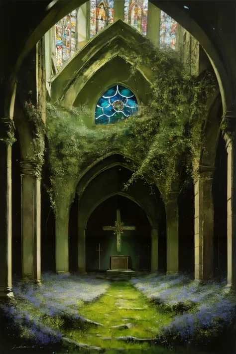 a painting of ancient_church interior, stain glass windows, stone brick, moss, beautiful lighting, carpet, pews, gilded, hanging plants, flowers, crepuscular rays, floating particles, rough brushstrokes, by bob ross
<lora:Bob_Ross:1>
