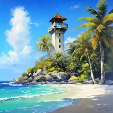 tropical island, city of the sea, tower, rough brushstrokes, by bob ross
 <lora:Bob_Ross:1>