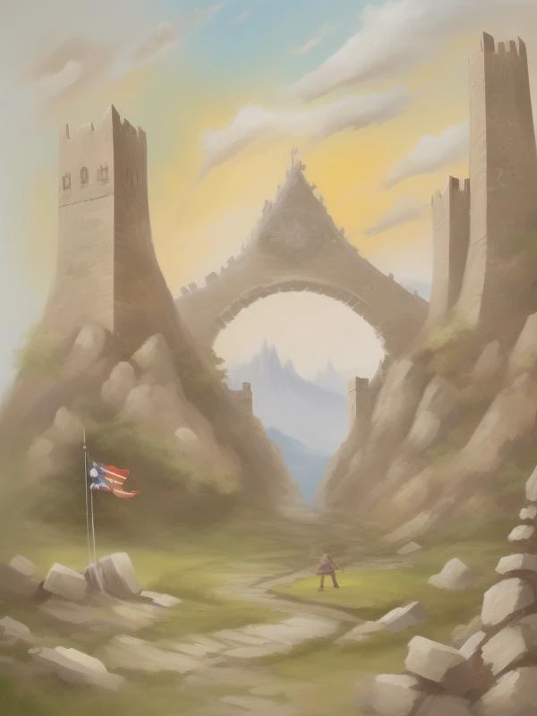 fantasy rpg, stone fortress, stone carved, gigantic, fantasy, flags, festival, rough brush strokes, bob ross, <lora:Bob_Ross:1>