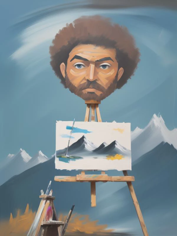 abstract, (giant:1.3), mountain man, personification,  bob ross \(person\),mountain, (river:0.7), brown hair, easel, rough brush strokes, paint brush, bob ross, <lora:Bob_Ross:1>, 1boy, blue shirt, (afro:0.7)