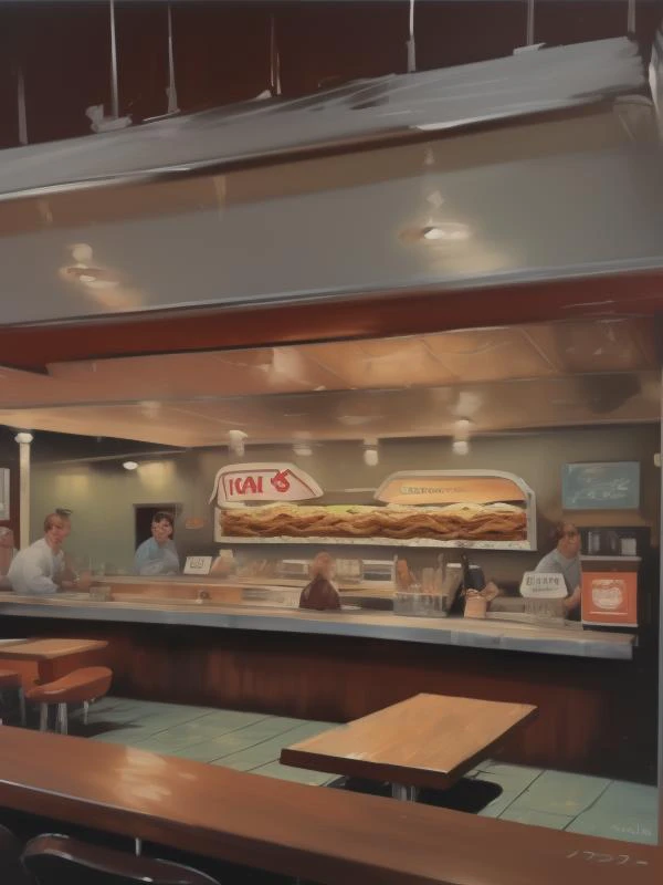 1950's burger joint, rough brush strokes, bob ross, <lora:Bob_Ross:1>
