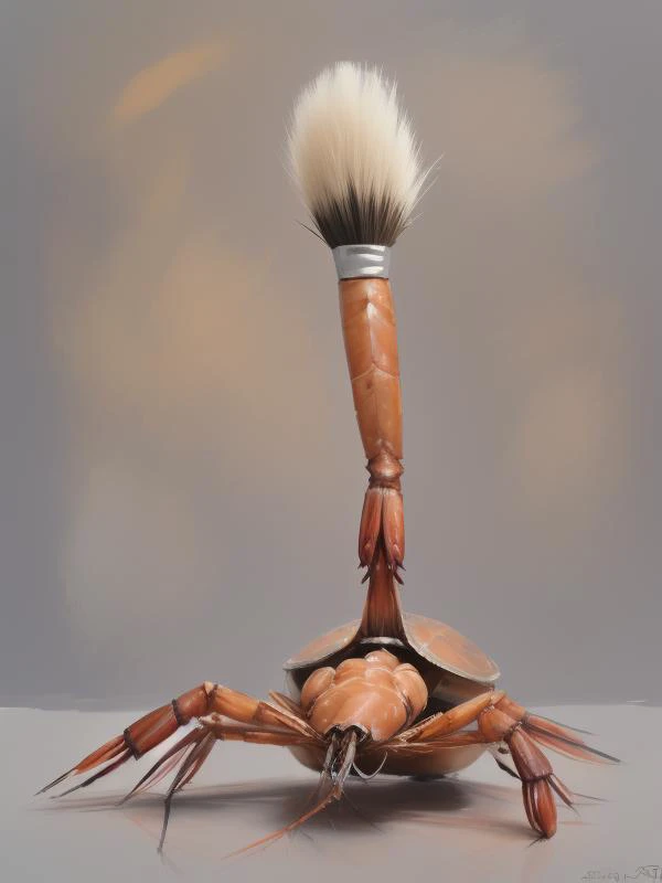 a dignified shrimp, rough brush strokes, bob ross, <lora:Bob_Ross:1>