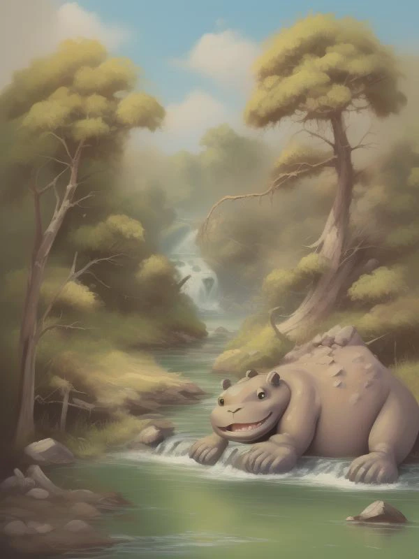 slowpoke, fantasy, cartoon, pokemon creatures, riverside, rough brush strokes, bob ross, <lora:Bob_Ross:1>, hippo