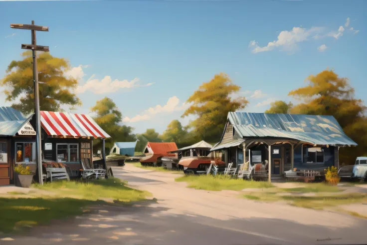 bob ross, a painting of a rural town with a road, downtown diner, antique cars, signage, landscape <lora:Bob_Ross:1>