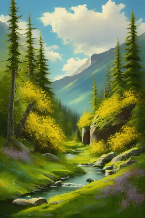 bob ross, a painting of a small winding river in a lush mountain valley, elk, wildflowers, landscape <lora:Bob_Ross:1>