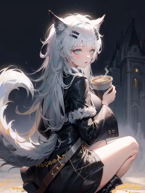 RHorrormare,1girl,shamare,look back,legs apart,squatting,wolf tail,simple city background,holding coffee cup,cowboy shot,