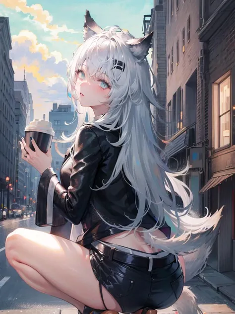 original_outfits,1girl,shamare,look back,legs apart,squatting,wolf tail,simple city background,holding coffee cup,cowboy shot,