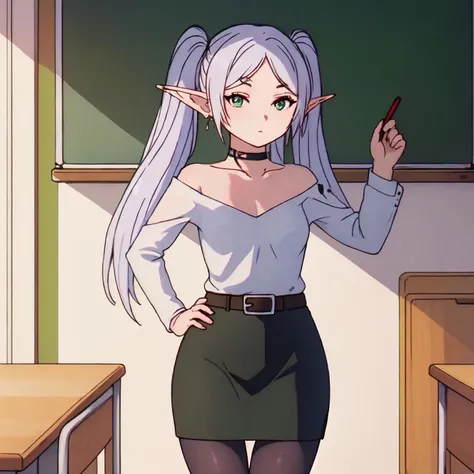 1girl, masterpiece,cowboy shot, belt, pencil skirt, pantyhose, white shirt, white hair, shiny skin, twintails, looking at viewer, (small breasts), green eyes, classroom, hands on hips,elf, standing, floating hair, solo, fll,earrings, choker, simple background, chalkboard,
<lora:fll_v1-000007:0.77>