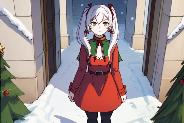 1girl, masterpiece, cowboy shot, white hair, shiny skin, twintails, looking at viewer, (small breasts), green eyes, christmas, red dress, pantyhose, boots, cold, snow, looking at viewer, , unconscious, standing, hair bow,
<lora:fll_v1-000007:0.75>