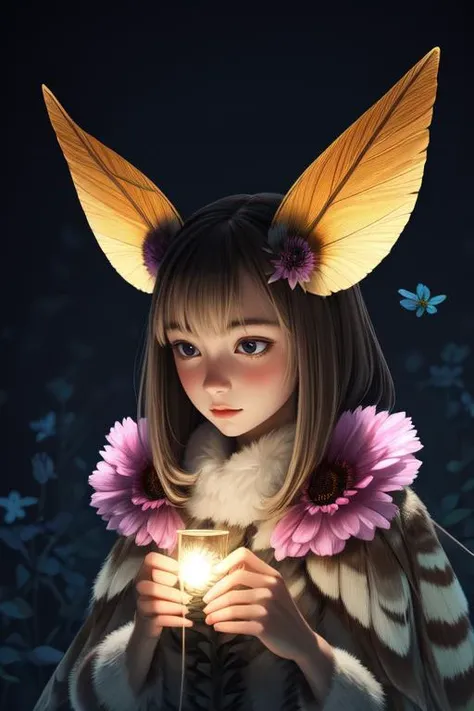 mothgirlcpt, moth antennae, moth wings, solo, 1girl, looking down, frontlighting, Saponaria \(flower\), floral background <lora:mothgirl_cpt_v01:1>