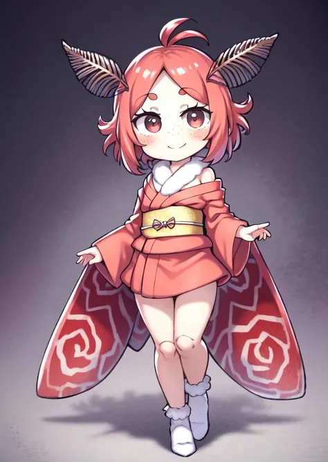 Fairy tale masterpiece, best quality, detailed eyes, (full body:1.4), looking at viewer, depth of field, <lora:Ruby_Gloom:0.7> Ruby gloom, Red hair, spikey hair, fancy eyebrows, fancy eyelashes, freckles, blush, <lora:mothgirl_cpt_v01:1> mothgirlcpt, moth antennae, moth wings, joints, extra arms, print kimono, smile, bamboo forest, . Magical, fantastical, enchanting, storybook style, highly detailed
