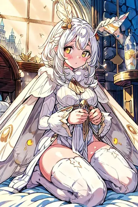 cute, 1 white moth girl , white moth wing, white hair, MOTHGIRLCPT, white MOTH ANTENNAE, Plush neck, full body, golden eyes,
castle, solo, masterpiece, high quality , bilaterally ymmetrical, corruption,
Orgasm, sunshine, Straight hair
 <lora:skill-more_details:1>,  <lora:mothgirl_cpt_v01:1>