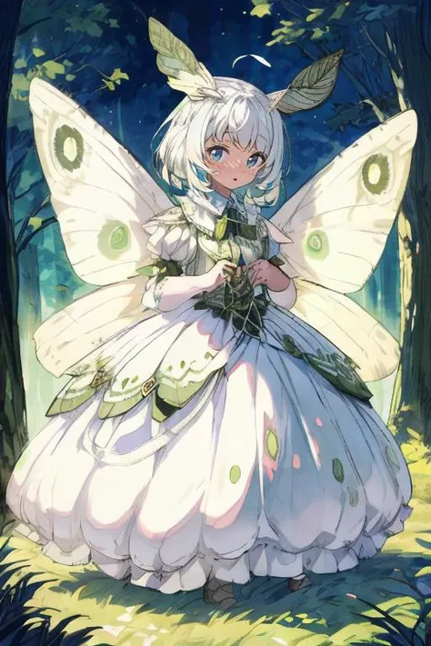 cute, 1 white moth girl , white moth wing, white hair, MOTHGIRLCPT, white MOTH ANTENNAE, Plush neck, full body, green eyes,
forest, solo, masterpiece, high quality , establishing shot, corruption, CRINOLINE DRESS
Orgasm, moonlight, Bob,
<lora:skill-more_details:0.9>, <lora:mothgirl_cpt_v01:1>,  <lora:Crinoline Dress:0.8>