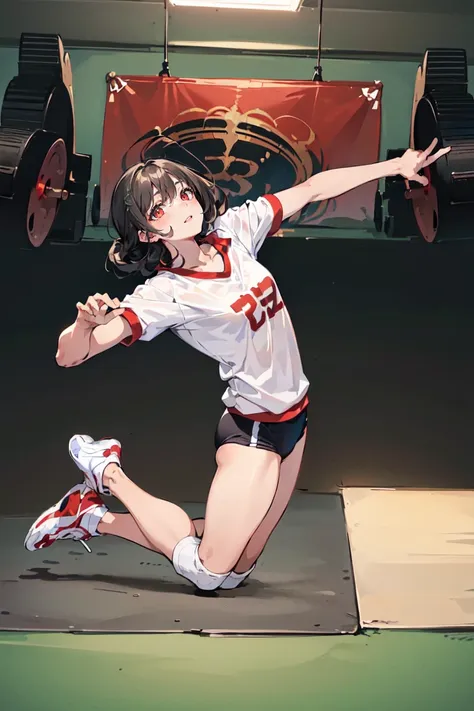 (finely detailed beautiful eyes and detailed face,masterpiece sidelighting,masterpiece,best quality,detailed,high resolution illustration), (volleyball_player,gym), (1girl,whole body,bishoujo,lustrous skin,looking away), (black hair,red eyes,gym_uniform)