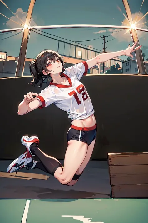 (finely detailed beautiful eyes and detailed face,masterpiece sidelighting,masterpiece,best quality,detailed,high resolution illustration), (volleyball_player,gym), (1girl,whole body,bishoujo,lustrous skin,looking away), (black hair,red eyes,gym_uniform)