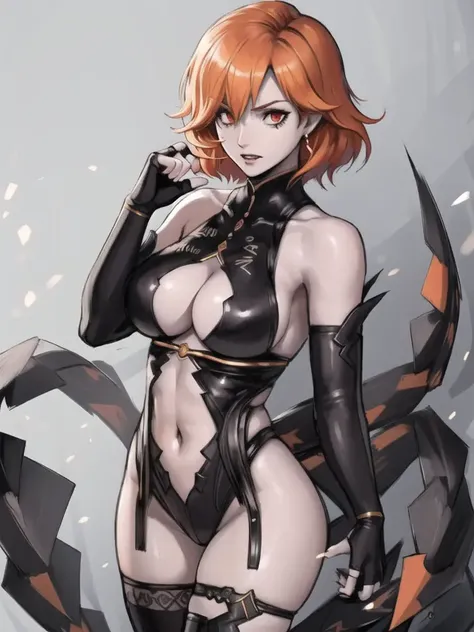 masterpiece, realistic, ultra high quality cg, best quality, kronya, cutout leotard, thigh straps, detached sleeves, thighhigh boots, fingerless gloves, cowboy shot, tails, red background, evil expression on face, dynamic pose, grey skin