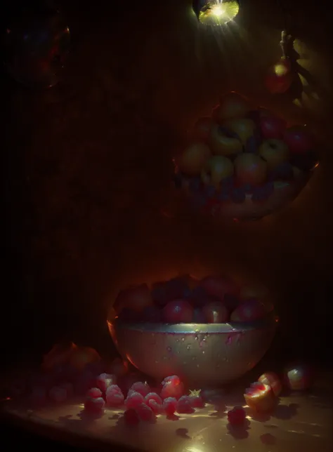 bowl of fruit on a table, dramatic lighting, FlonixApterus