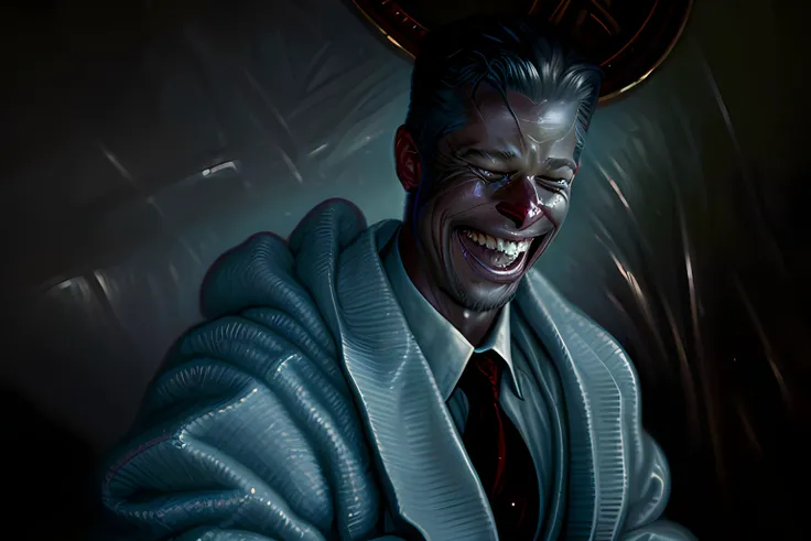 FlonixApterus, art extreme close up medium shot - laughing brad pitt in church clothes, ray tracing, cinematic