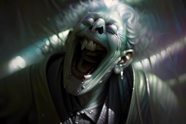 FlonixApterus, art extreme close up medium shot - laughing granny, ray tracing, cinematic, gloomy colors