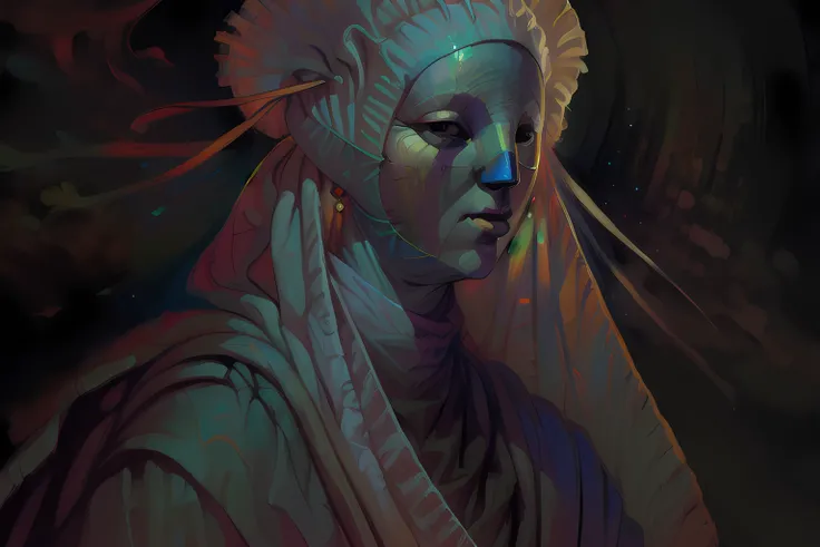 art 4k uhd, religious cloth girl in mask, dramatic soothing colors, close up, FlonixApterus, by Greg Rutkowski, by Peter Mohrbacher