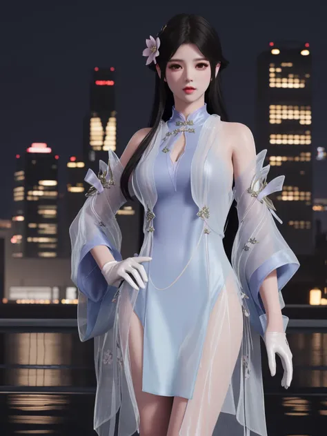 YJWJyingzipingYGMY, 1girl, dress, solo, long hair,white gloves, hair flower, detached sleeves, bare shoulders, black hair, see-through, long sleeves,   <lora:YJWJyingzipingYGMY:0.75>,looking at viewer, mature female, cityscape, night, pool,hand on hip,