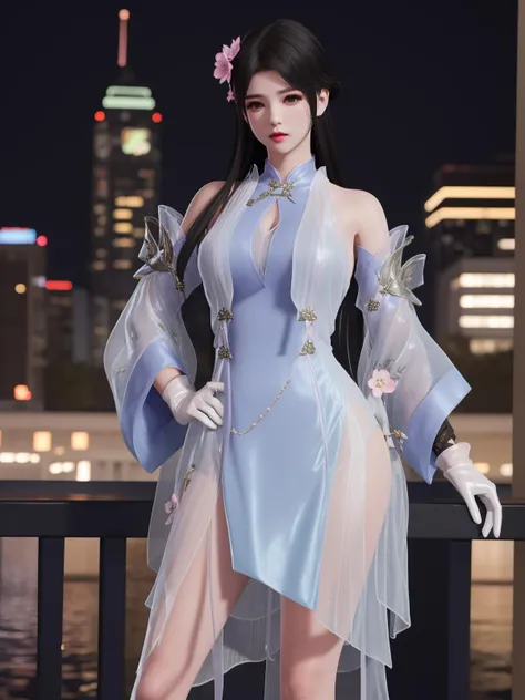 WZRYyaoZMCLY, 1girl, solo, black hair,  jewelry,midriff, black eyes, hat, lips, detached sleeves,necklace, looking at viewer,dress,clothing cutout,wide sleeves,  <lora:WZRYyaoZMCLYxxxxx:0.75>,cityscape, night, looking at viewer, mature female, pool, hand on hip, light smile, makeup,