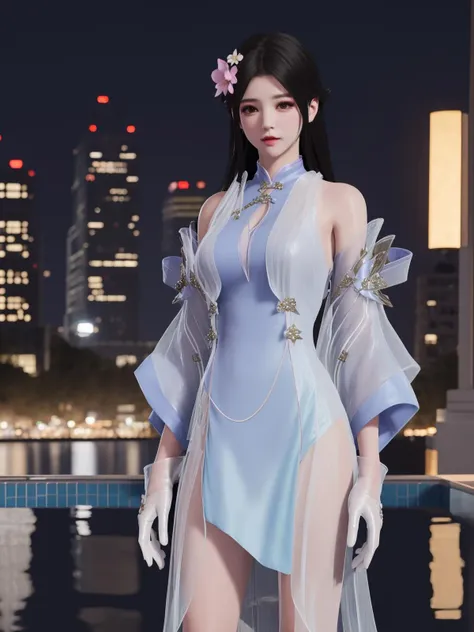 YJWJyingzipingYGMY, 1girl, dress, solo, long hair,white gloves, hair flower, detached sleeves, bare shoulders, black hair, see-through, long sleeves, <lora:YJWJyingzipingYGMY:0.75>,looking at viewer, mature female, cityscape, night, pool,hand on hip,