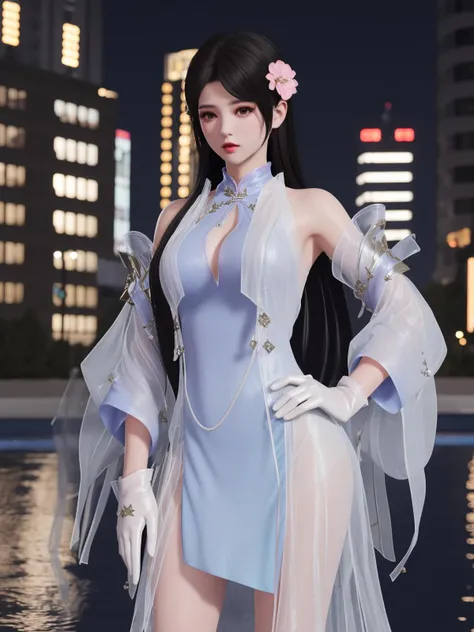 YJWJyingzipingYGMY, 1girl, dress, solo, long hair,white gloves, hair flower, detached sleeves, bare shoulders, black hair, see-through, long sleeves,   <lora:YJWJyingzipingYGMY:0.75>,looking at viewer, mature female, cityscape, night, pool,hand on hip,