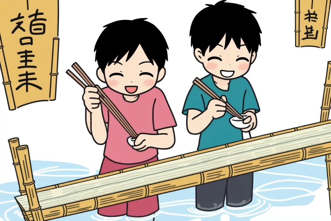 pick few noodles flowing on the bamboo slider with chopsticks, <lora:nagashi_v1:0.5>, swcs, food, chopsticks, nagashi_soumen, smile, standing, blush, water, bamboo, tanabata, couple,(hashi:0.2)